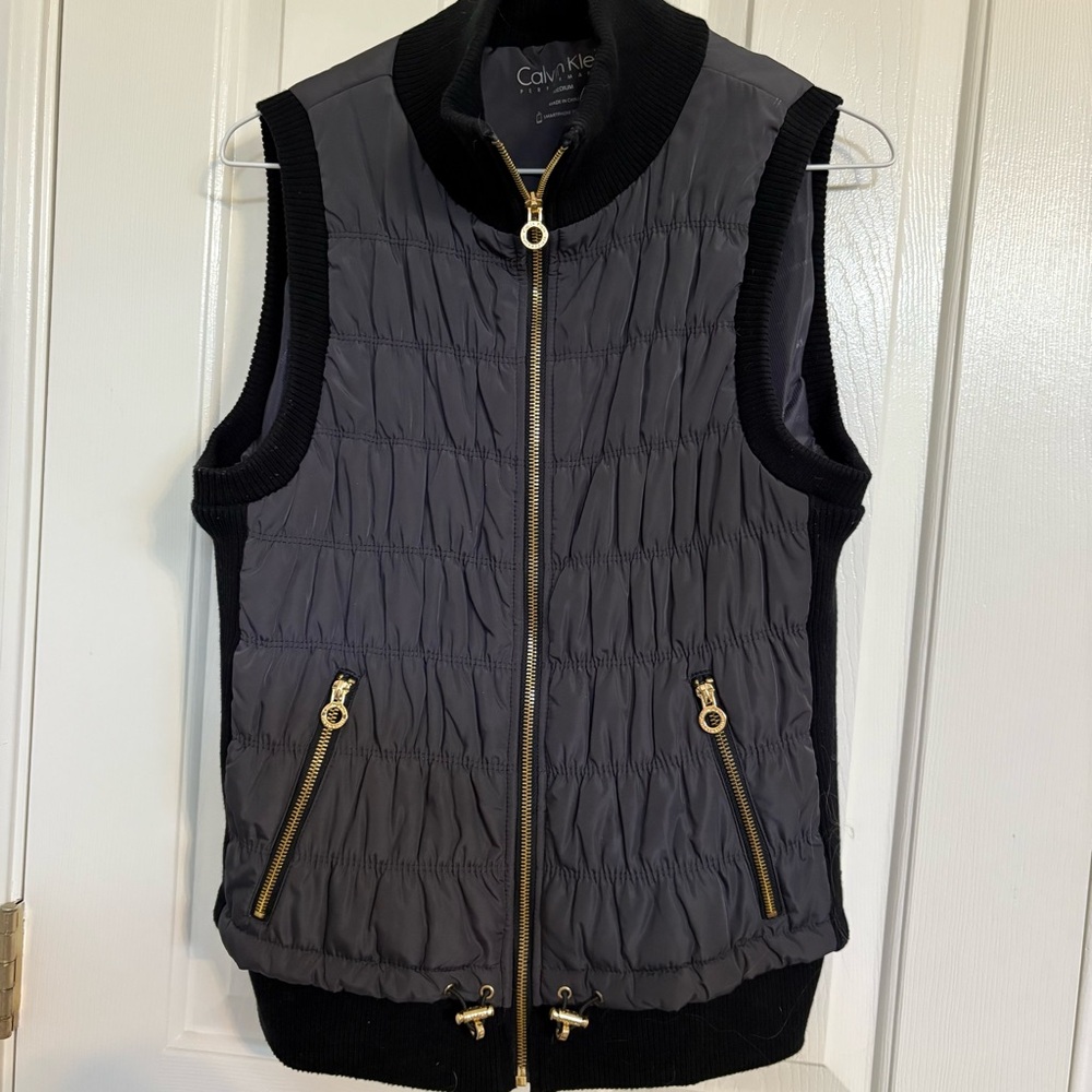 Calvin Klein Women's Black Quilted Vest with Gold Accents